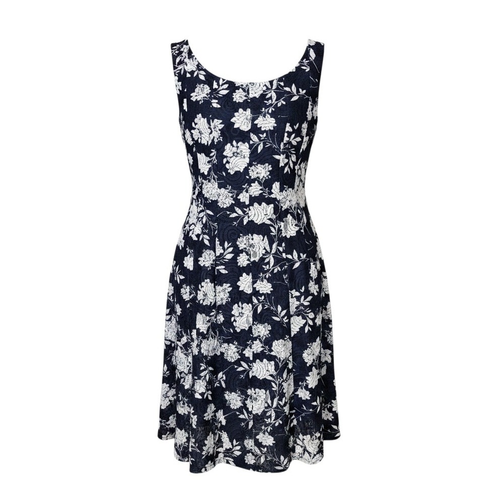 Perceptions Petite Navy Blue‎ White Floral Lace Sleeveless A-Line Dress PL